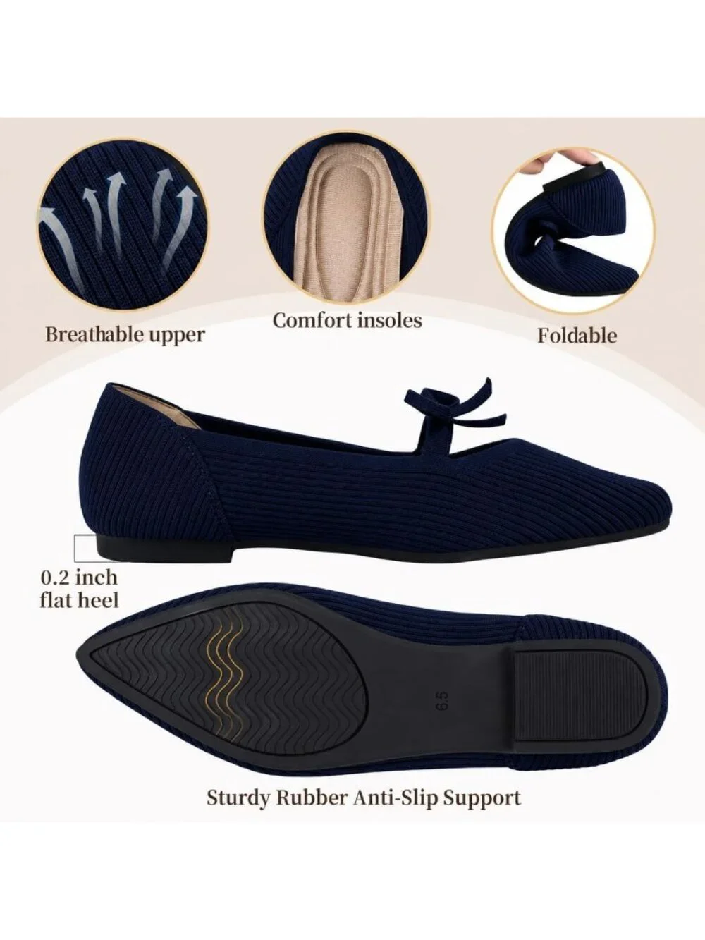 Women's Navy Pointed Toe Knit Ballet Flats Comfortable Pull On Casual Shoes